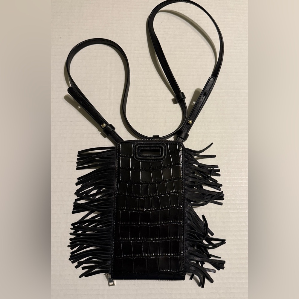 Maje Embossed Leather Adjustable Black Crossbody Phone Case